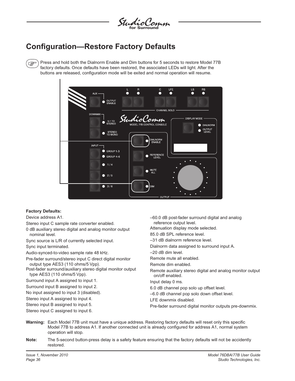 Conﬁguration—restore factory defaults | Studio Technologies 76DBA V.3.00 User Manual | Page 36 / 53
