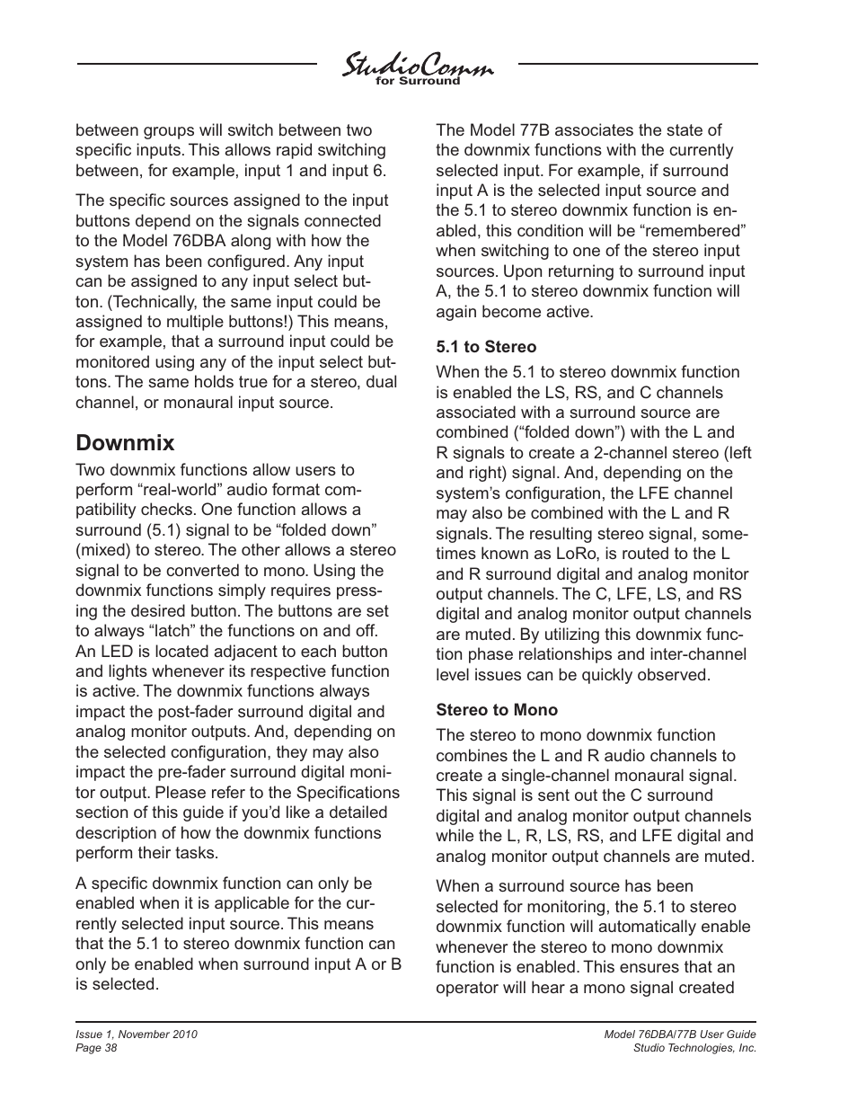 Downmix | Studio Technologies 76DBA V.3.00 User Manual | Page 38 / 53
