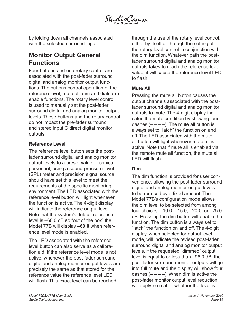 Monitor output general functions | Studio Technologies 76DBA V.3.00 User Manual | Page 39 / 53