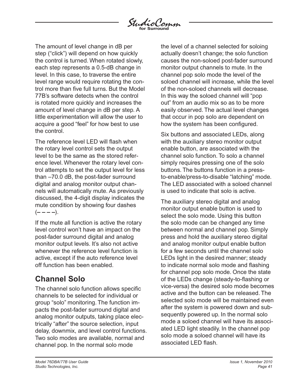 Channel solo | Studio Technologies 76DBA V.3.00 User Manual | Page 41 / 53