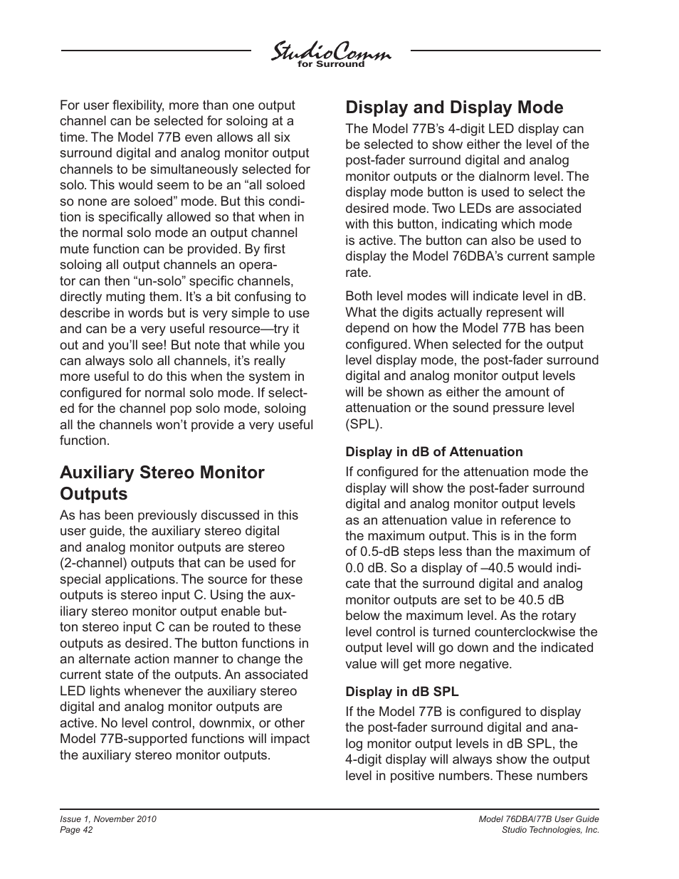 Auxiliary stereo monitor outputs, Display and display mode | Studio Technologies 76DBA V.3.00 User Manual | Page 42 / 53