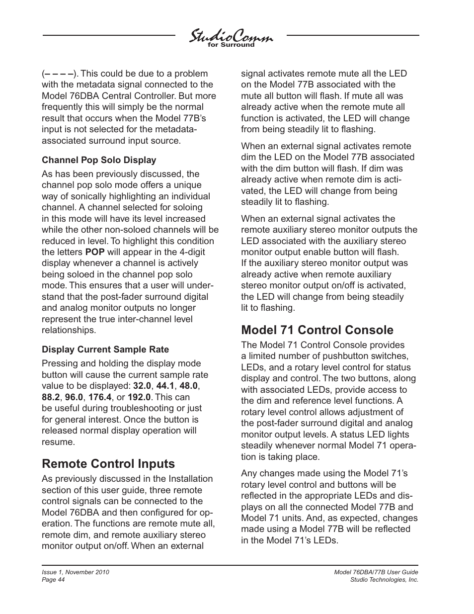 Remote control inputs, Model 71 control console | Studio Technologies 76DBA V.3.00 User Manual | Page 44 / 53