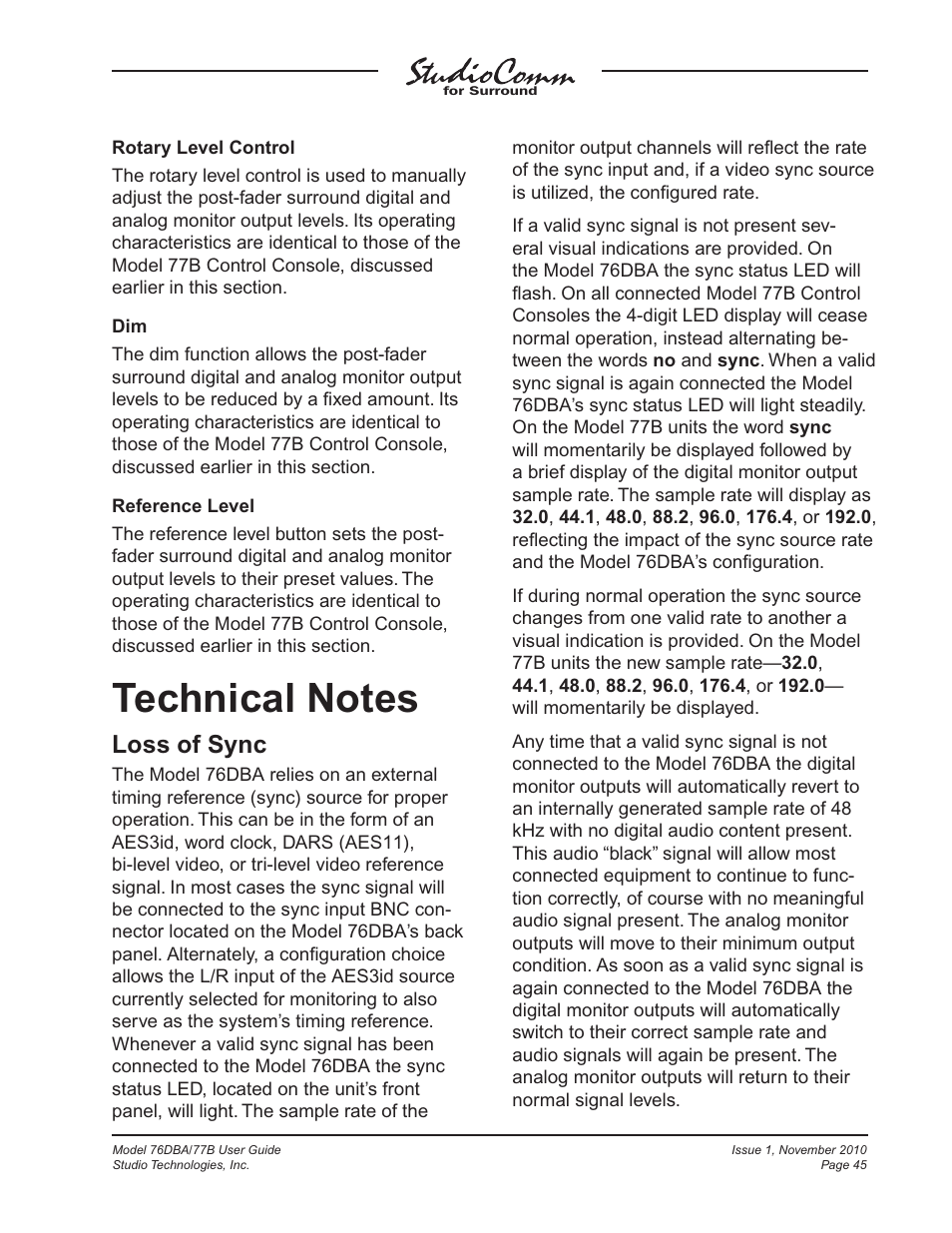 Technical notes, Loss of sync | Studio Technologies 76DBA V.3.00 User Manual | Page 45 / 53