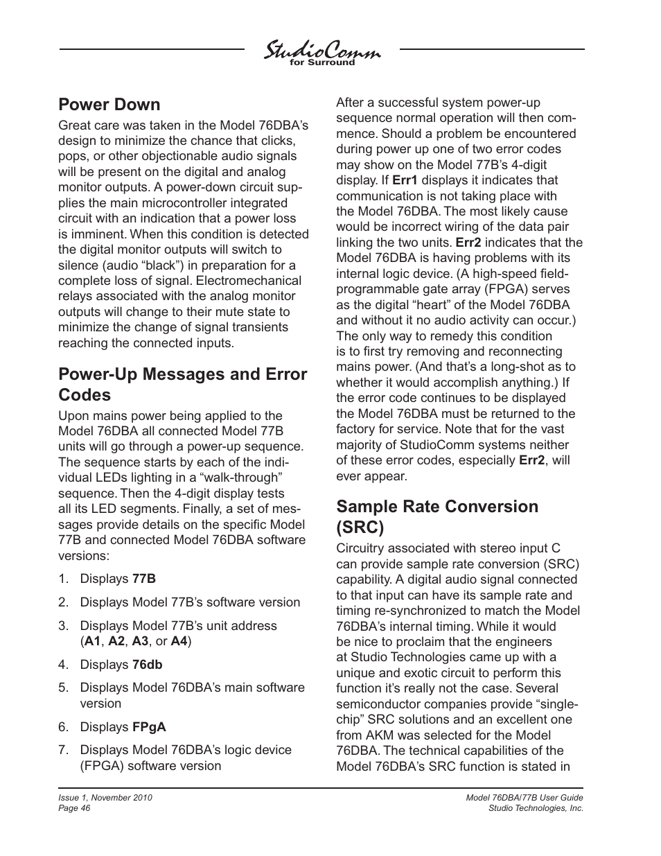 Power down, Power-up messages and error codes, Sample rate conversion (src) | Studio Technologies 76DBA V.3.00 User Manual | Page 46 / 53
