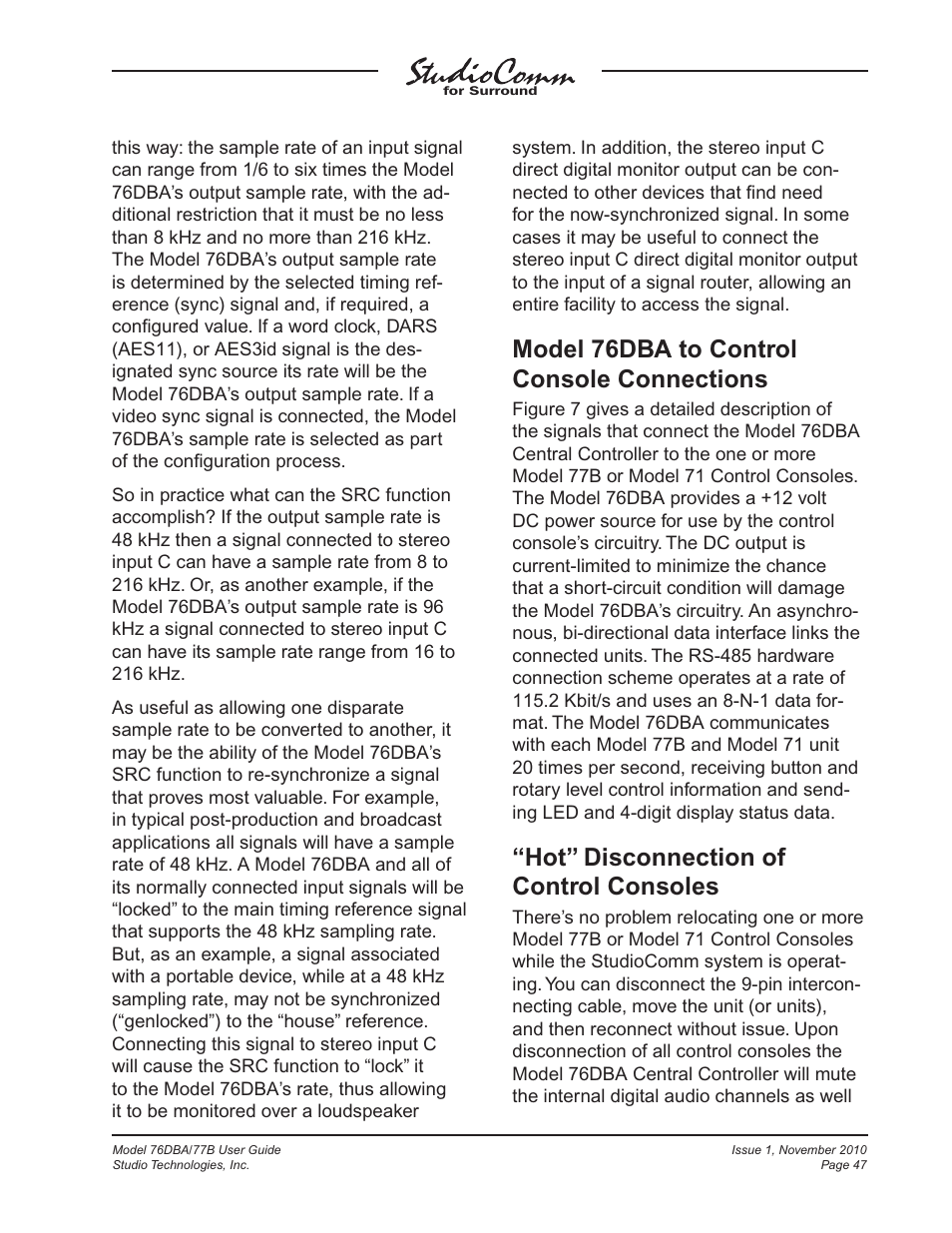 Model 76dba to control console connections, Hot” disconnection of control consoles | Studio Technologies 76DBA V.3.00 User Manual | Page 47 / 53