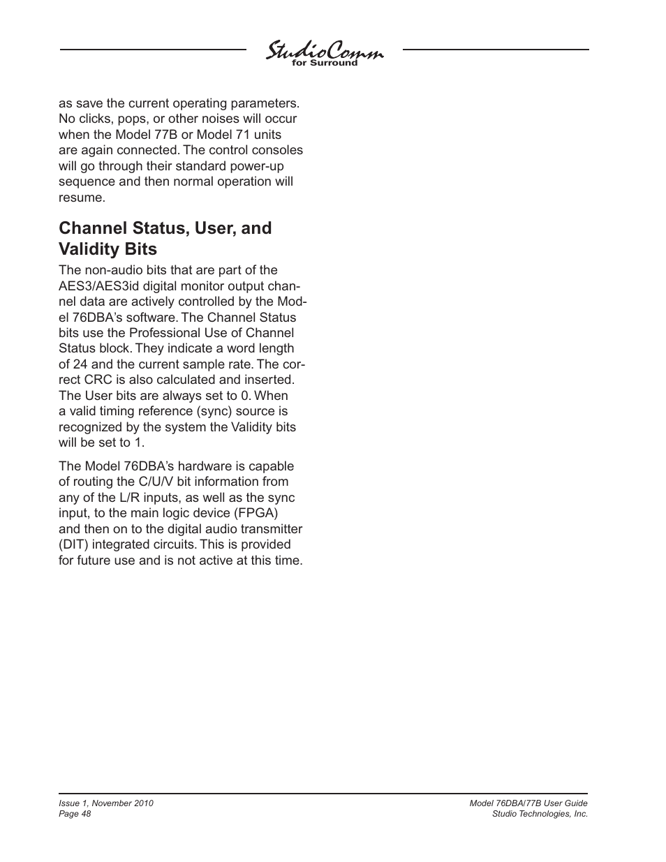 Channel status, user, and validity bits | Studio Technologies 76DBA V.3.00 User Manual | Page 48 / 53