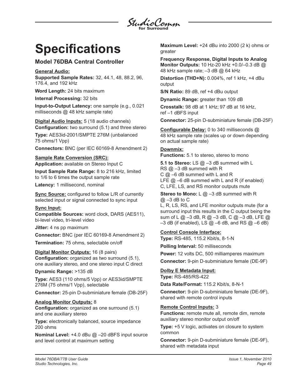 Specifications, Speciﬁcations | Studio Technologies 76DBA V.3.00 User Manual | Page 49 / 53