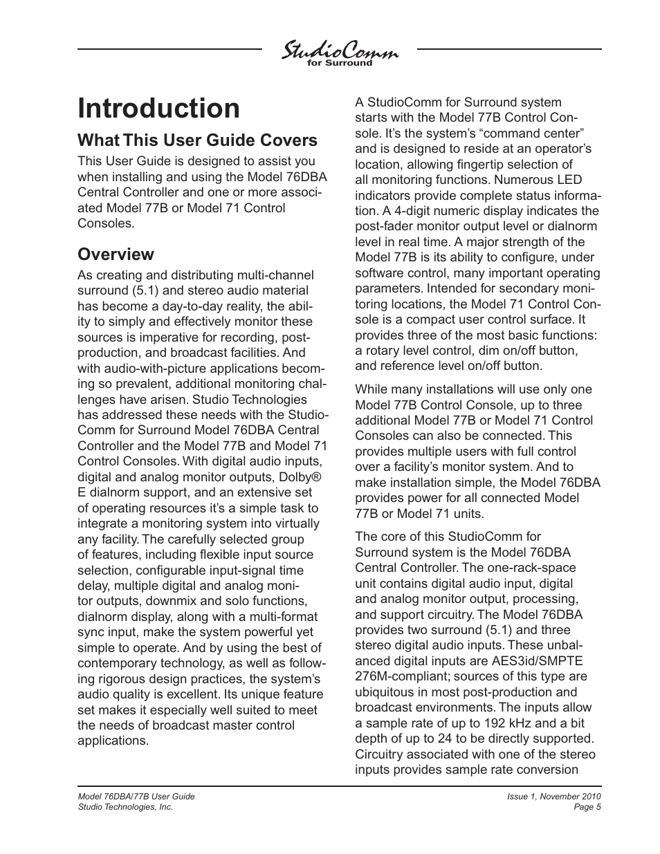 Introduction, What this user guide covers, Overview | Studio Technologies 76DBA V.3.00 User Manual | Page 5 / 53