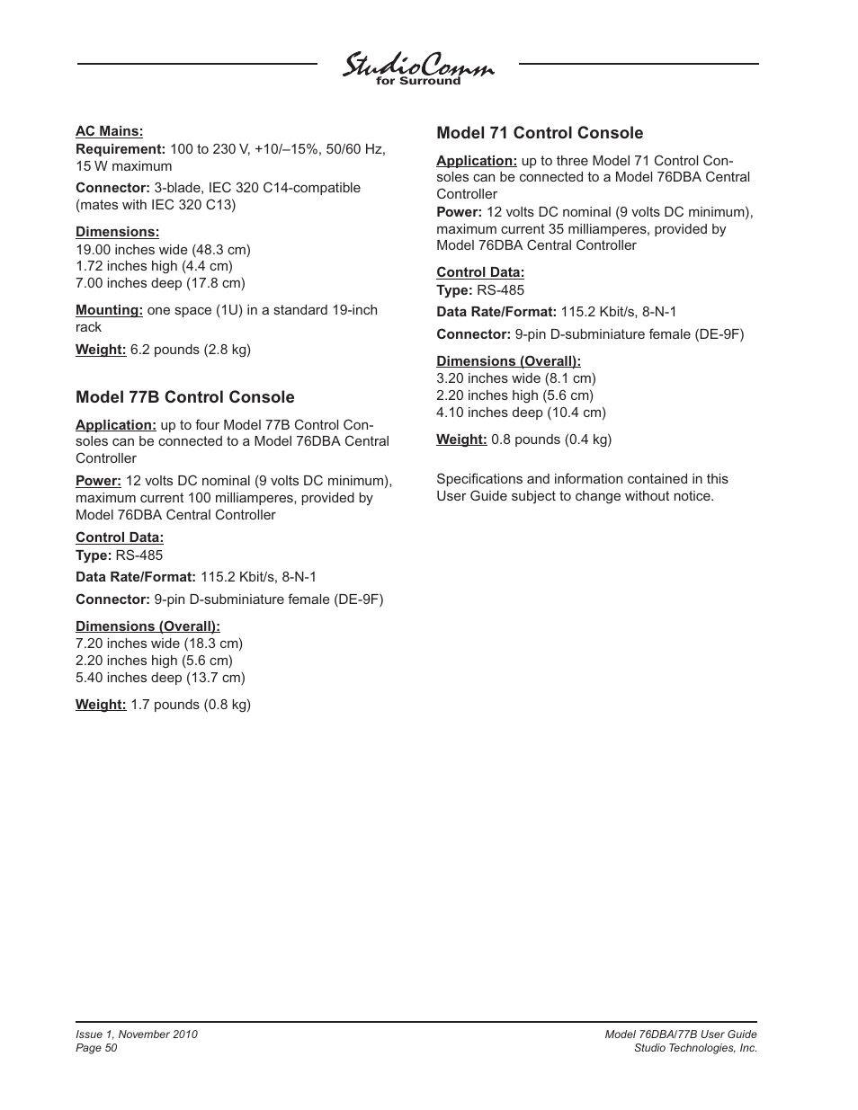 Model 77b control console, Model 71 control console | Studio Technologies 76DBA V.3.00 User Manual | Page 50 / 53