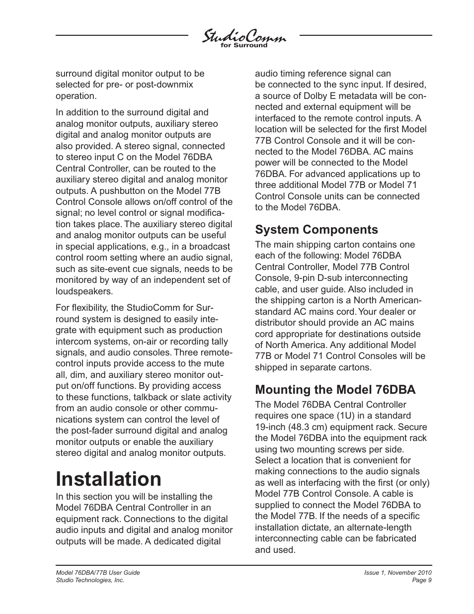 Installation, System components, Mounting the model 76dba | Studio Technologies 76DBA V.3.00 User Manual | Page 9 / 53