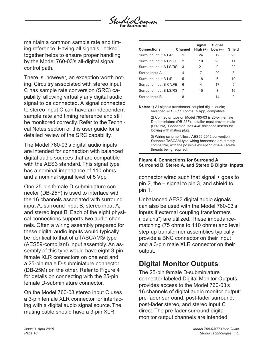 Digital monitor outputs | Studio Technologies 760-03 V.4.15 User Manual | Page 10 / 55