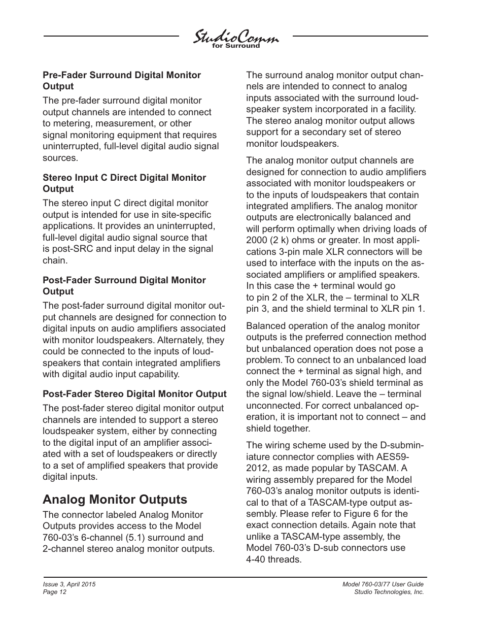 Analog monitor outputs | Studio Technologies 760-03 V.4.15 User Manual | Page 12 / 55