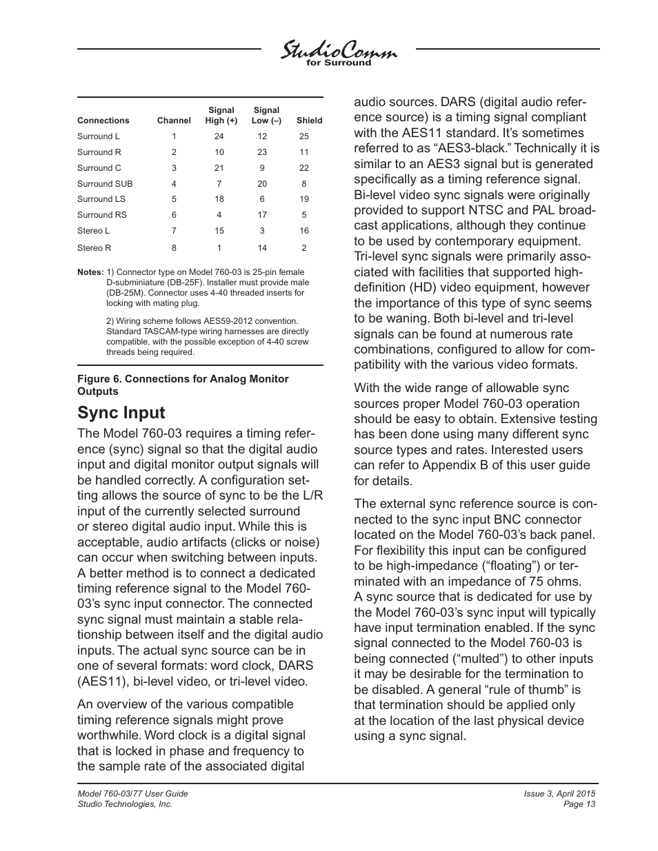 Sync input | Studio Technologies 760-03 V.4.15 User Manual | Page 13 / 55