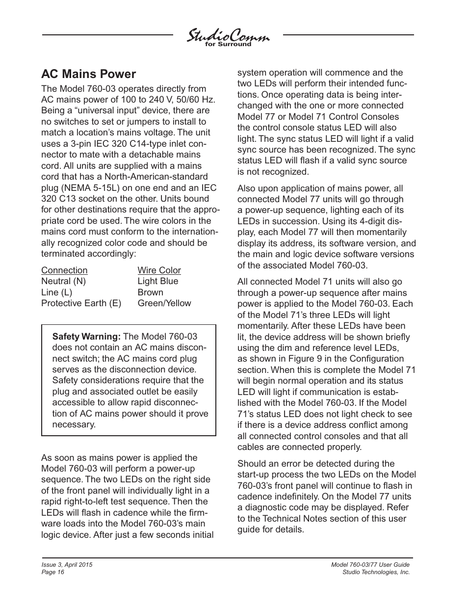 Ac mains power | Studio Technologies 760-03 V.4.15 User Manual | Page 16 / 55