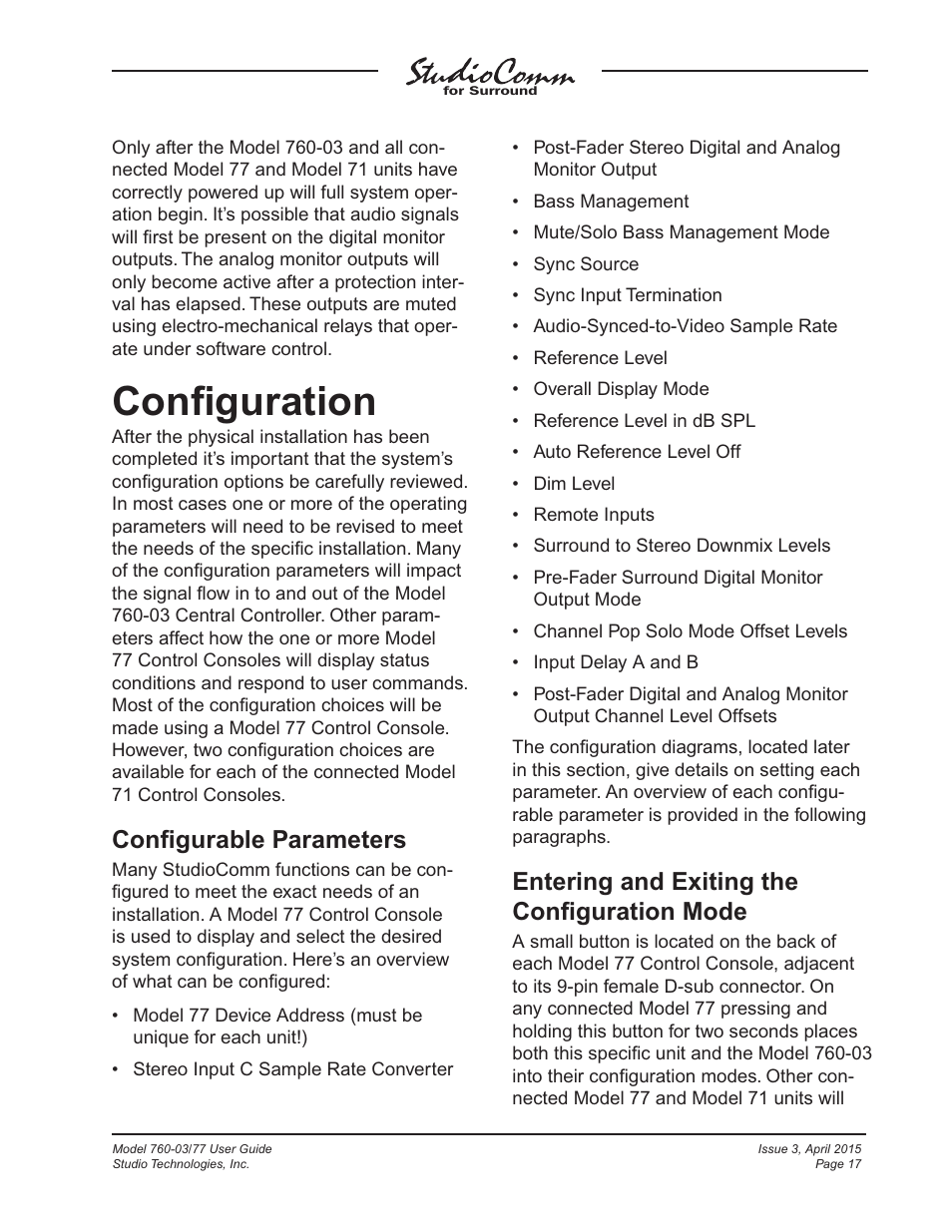 Configuration, Conﬁguration, Conﬁgurable parameters | Entering and exiting the conﬁguration mode | Studio Technologies 760-03 V.4.15 User Manual | Page 17 / 55
