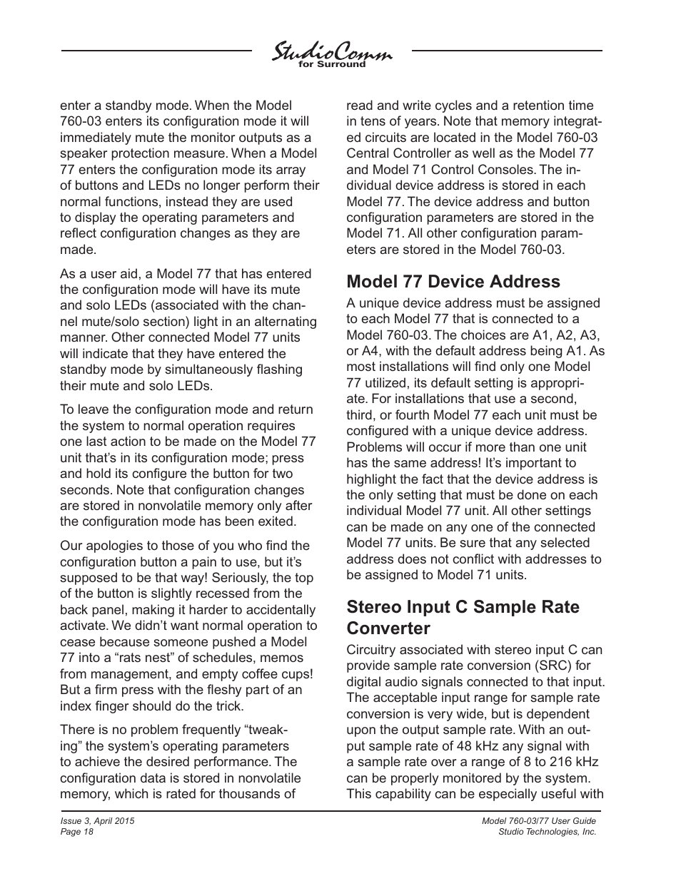 Model 77 device address, Stereo input c sample rate converter | Studio Technologies 760-03 V.4.15 User Manual | Page 18 / 55