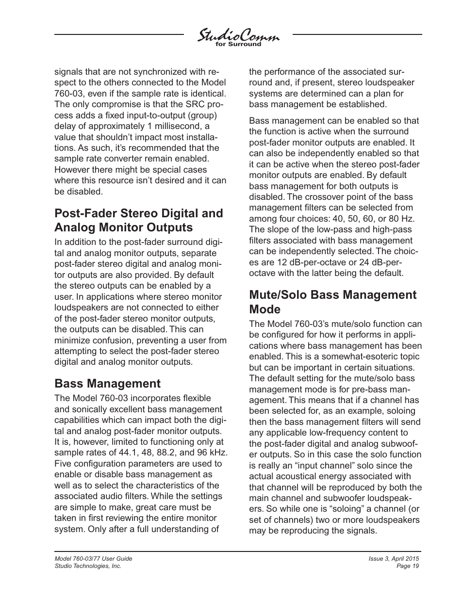 Bass management, Mute/solo bass management mode | Studio Technologies 760-03 V.4.15 User Manual | Page 19 / 55