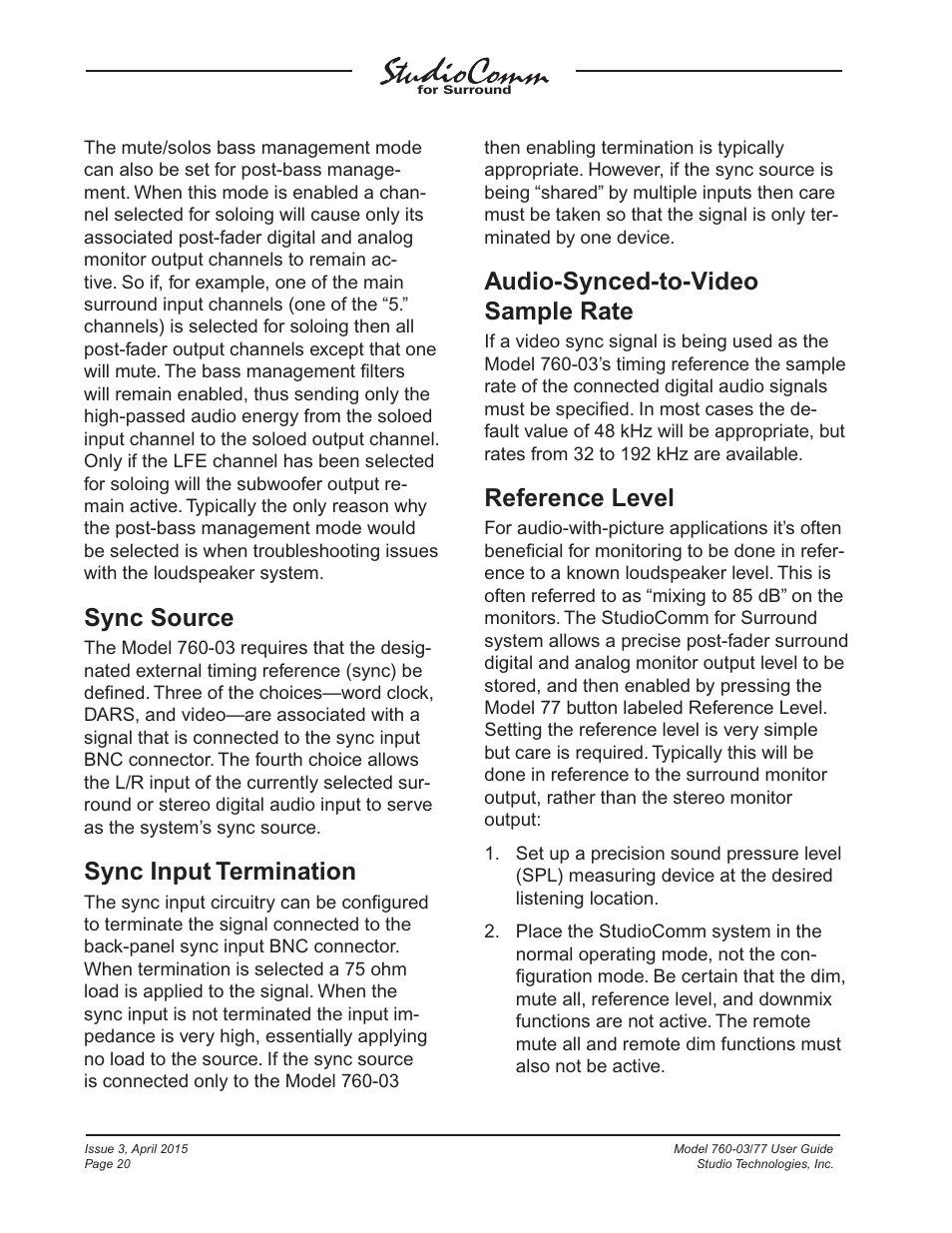 Sync source, Sync input termination, Audio-synced-to-video sample rate | Reference level | Studio Technologies 760-03 V.4.15 User Manual | Page 20 / 55