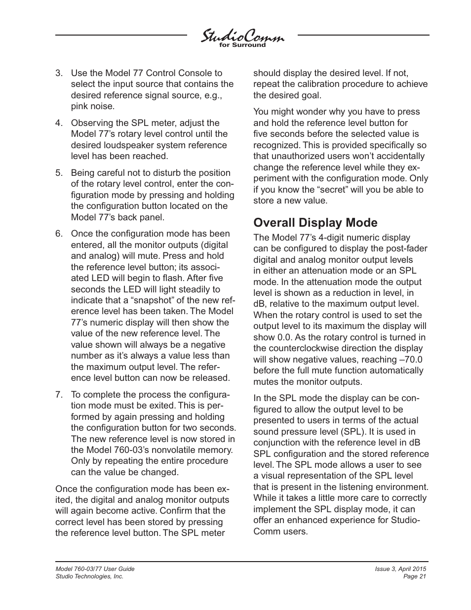 Overall display mode | Studio Technologies 760-03 V.4.15 User Manual | Page 21 / 55