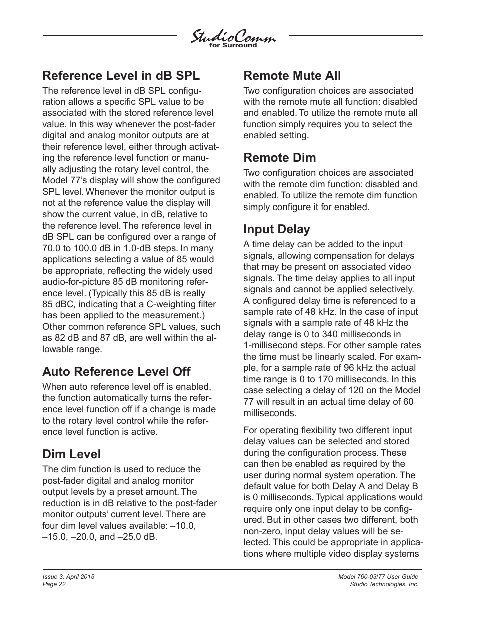 Reference level in db spl, Auto reference level off, Dim level | Remote mute all, Remote dim, Input delay | Studio Technologies 760-03 V.4.15 User Manual | Page 22 / 55
