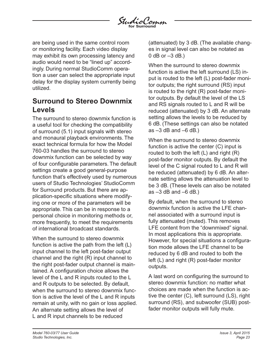 Surround to stereo downmix levels | Studio Technologies 760-03 V.4.15 User Manual | Page 23 / 55