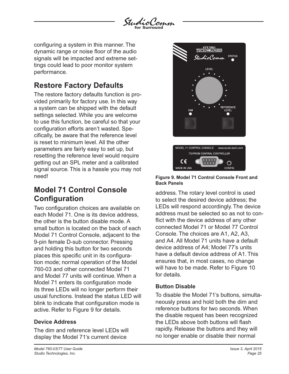 Restore factory defaults, Model 71 control console conﬁguration | Studio Technologies 760-03 V.4.15 User Manual | Page 25 / 55