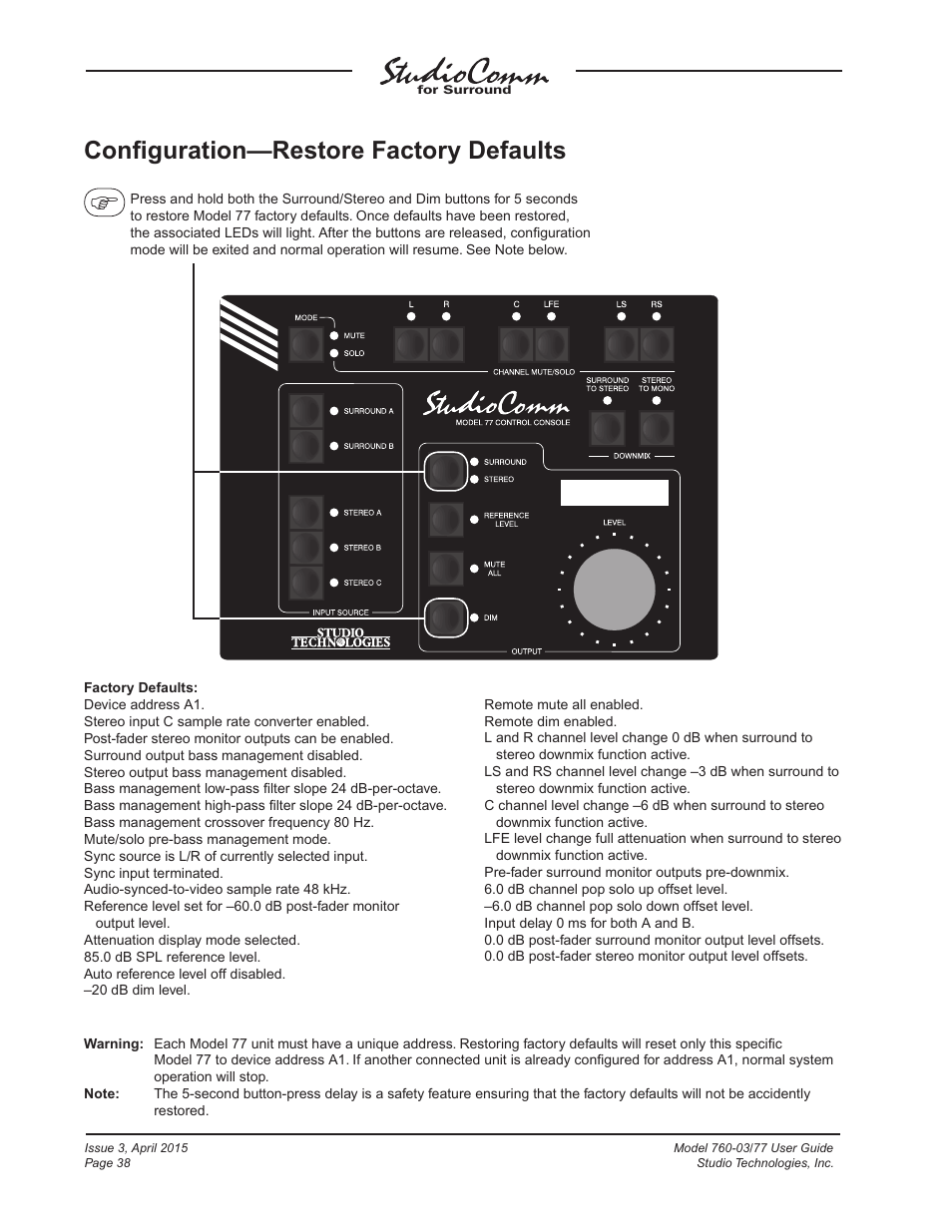 Conﬁguration—restore factory defaults | Studio Technologies 760-03 V.4.15 User Manual | Page 38 / 55