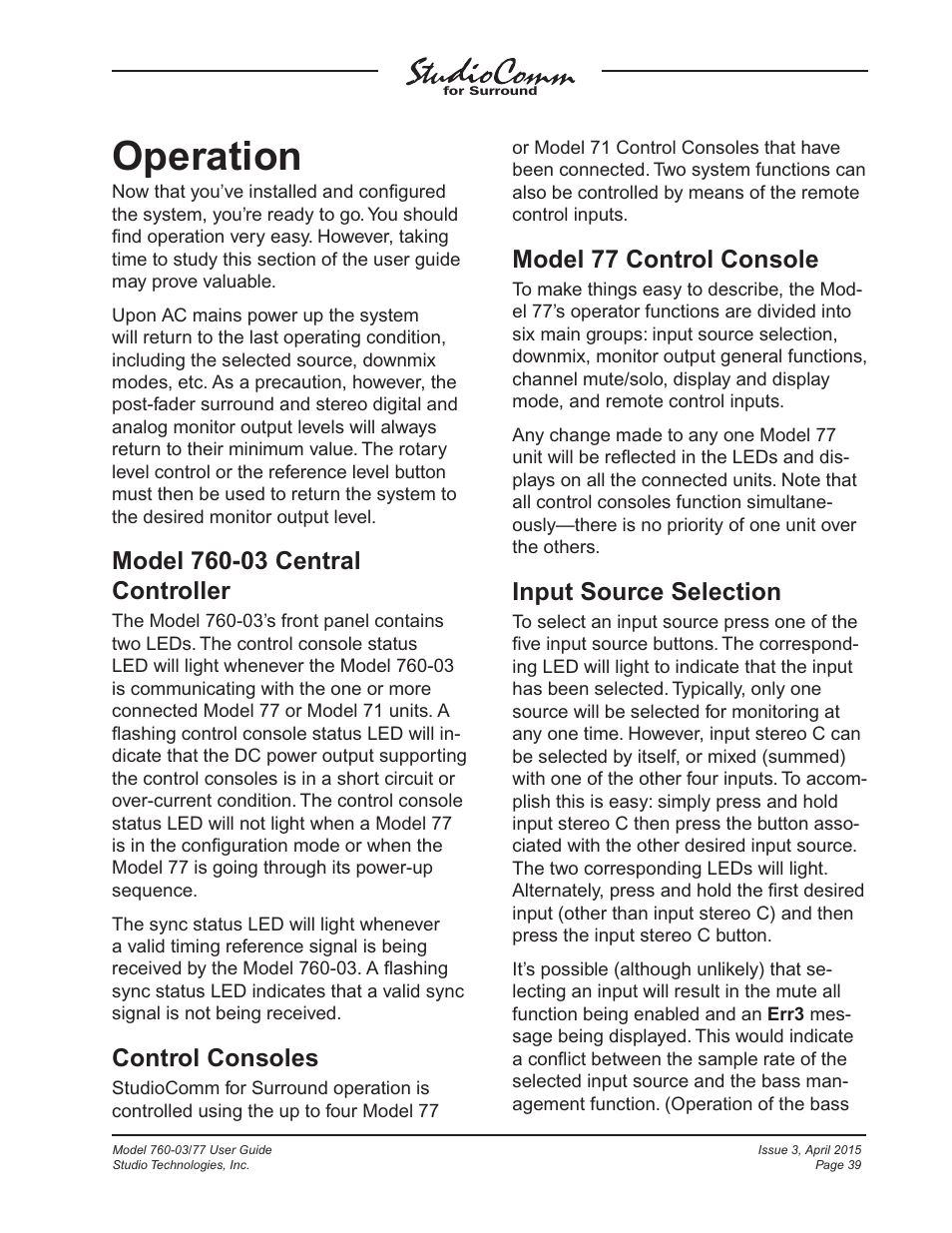 Operation, Control consoles, Model 77 control console | Input source selection | Studio Technologies 760-03 V.4.15 User Manual | Page 39 / 55