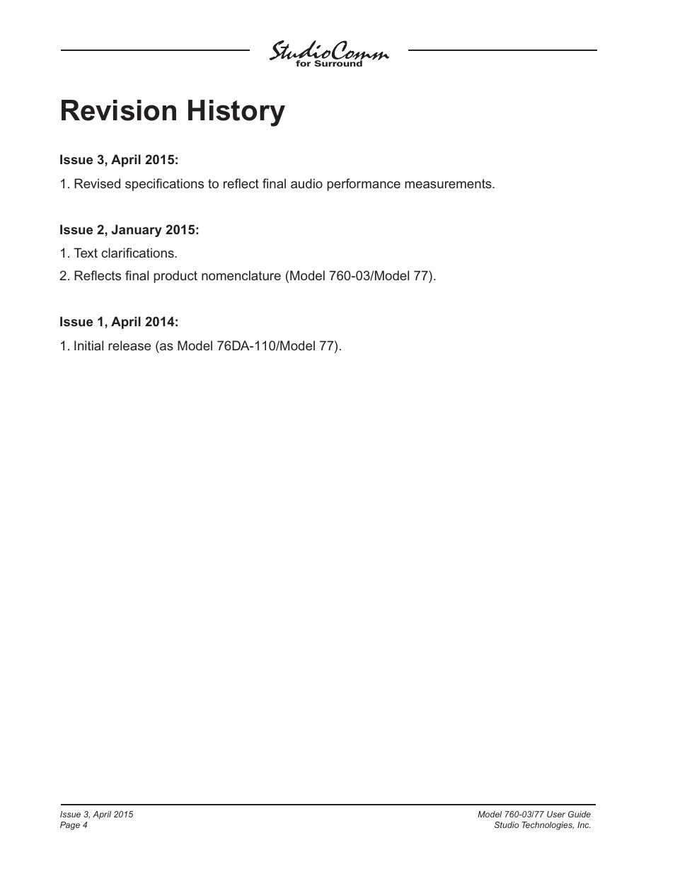Revision history | Studio Technologies 760-03 V.4.15 User Manual | Page 4 / 55