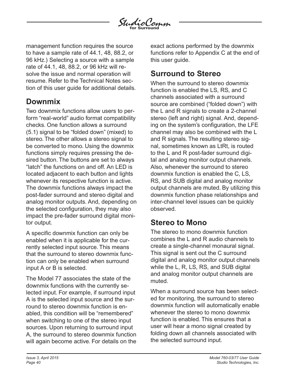 Downmix, Surround to stereo, Stereo to mono | Studio Technologies 760-03 V.4.15 User Manual | Page 40 / 55