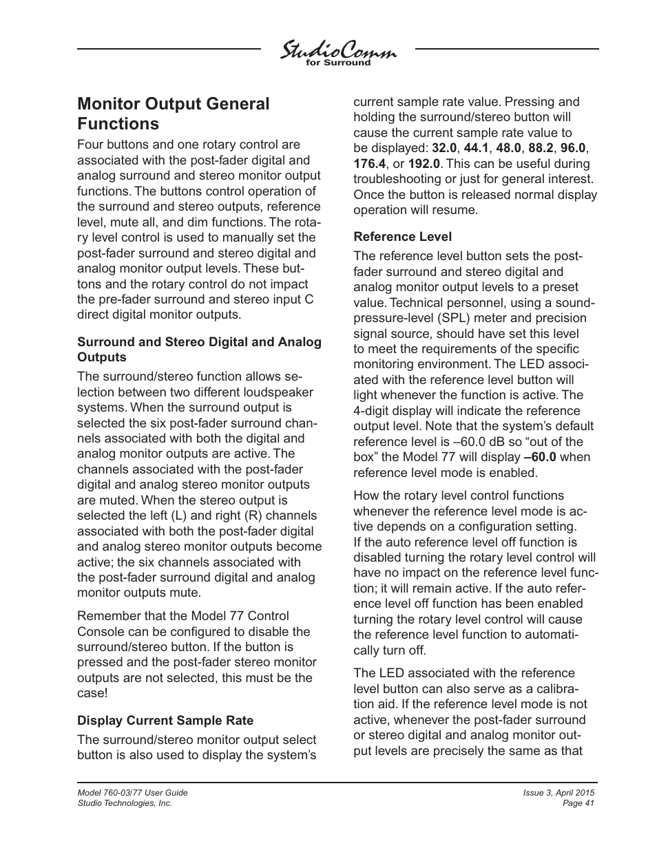 Monitor output general functions | Studio Technologies 760-03 V.4.15 User Manual | Page 41 / 55