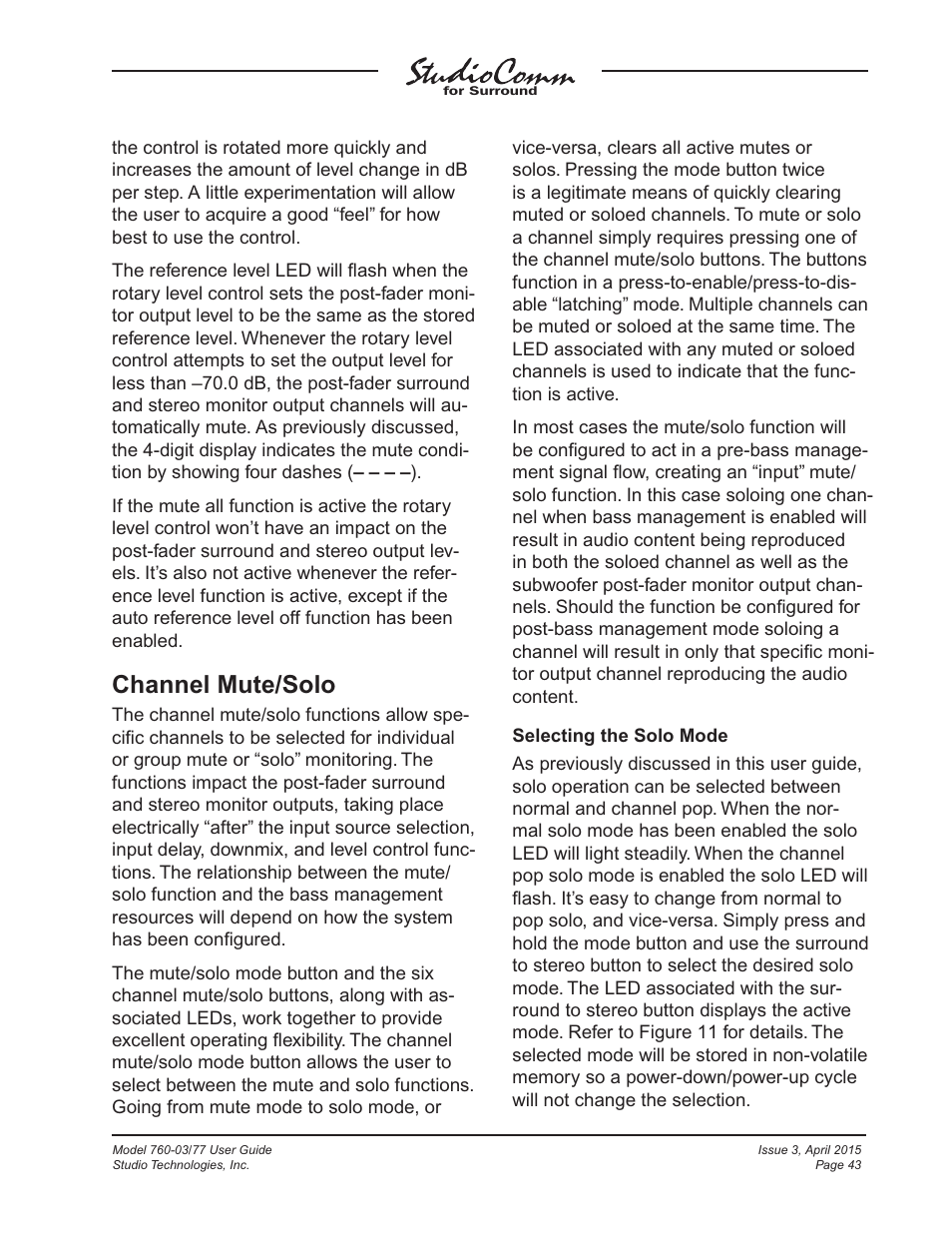 Channel mute/solo | Studio Technologies 760-03 V.4.15 User Manual | Page 43 / 55