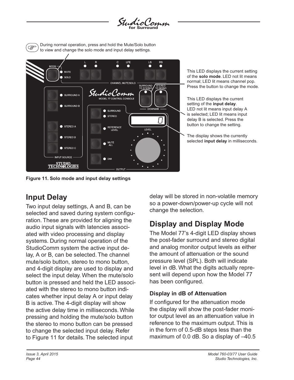 Input delay, Display and display mode | Studio Technologies 760-03 V.4.15 User Manual | Page 44 / 55