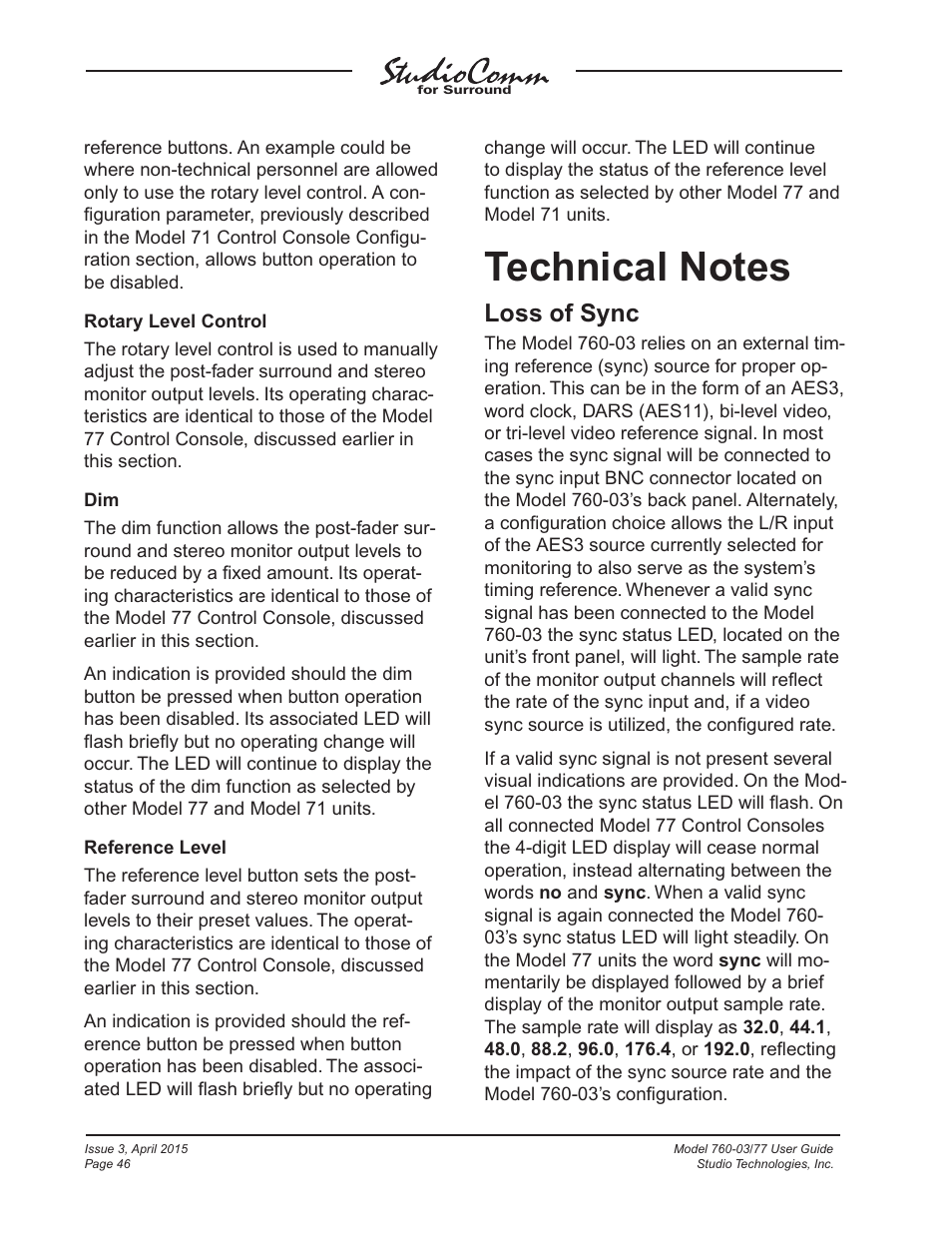 Technical notes, Loss of sync | Studio Technologies 760-03 V.4.15 User Manual | Page 46 / 55