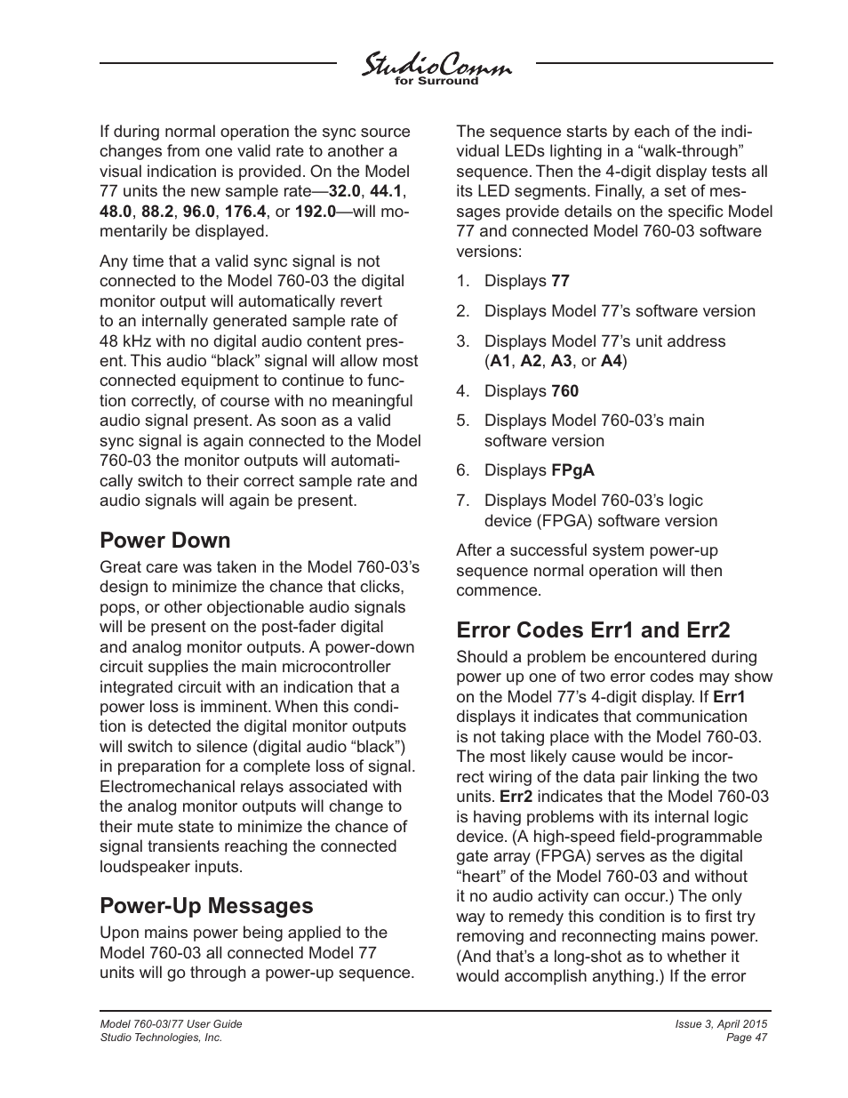 Power down, Power-up messages, Error codes err1 and err2 | Studio Technologies 760-03 V.4.15 User Manual | Page 47 / 55