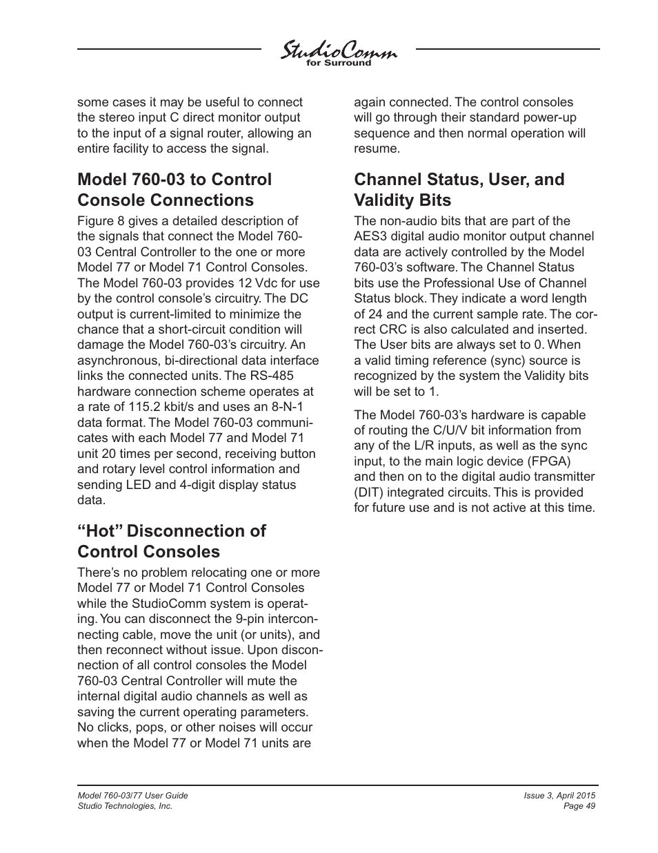 Hot” disconnection of control consoles, Channel status, user, and validity bits | Studio Technologies 760-03 V.4.15 User Manual | Page 49 / 55