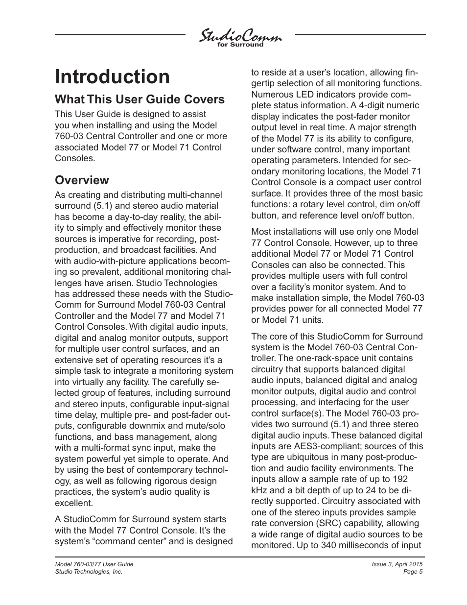 Introduction, What this user guide covers, Overview | Studio Technologies 760-03 V.4.15 User Manual | Page 5 / 55