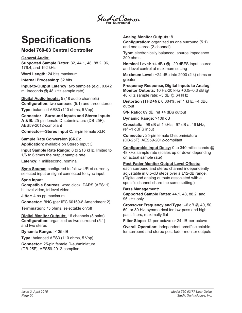 Specifications, Speciﬁcations | Studio Technologies 760-03 V.4.15 User Manual | Page 50 / 55