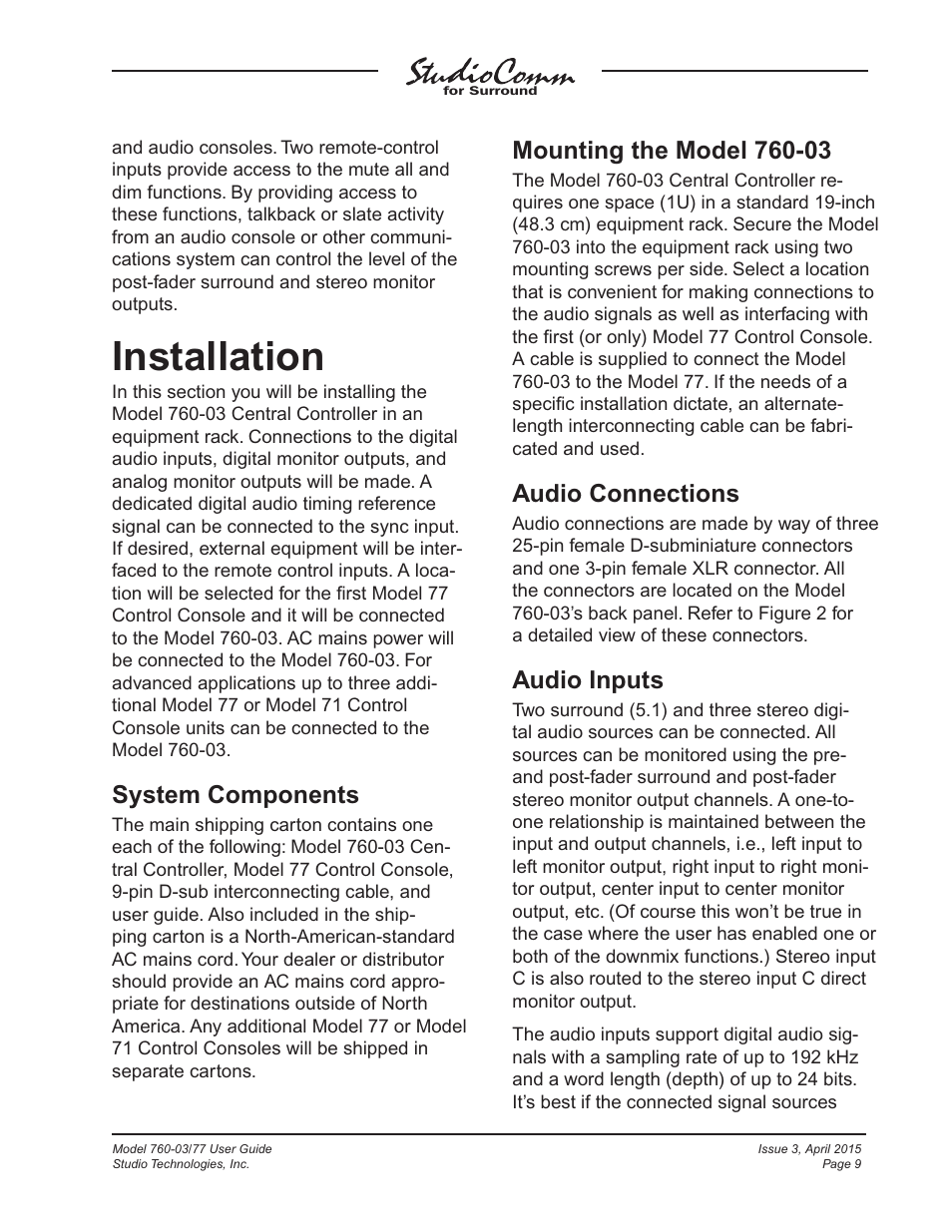 Installation, System components, Audio connections | Audio inputs | Studio Technologies 760-03 V.4.15 User Manual | Page 9 / 55