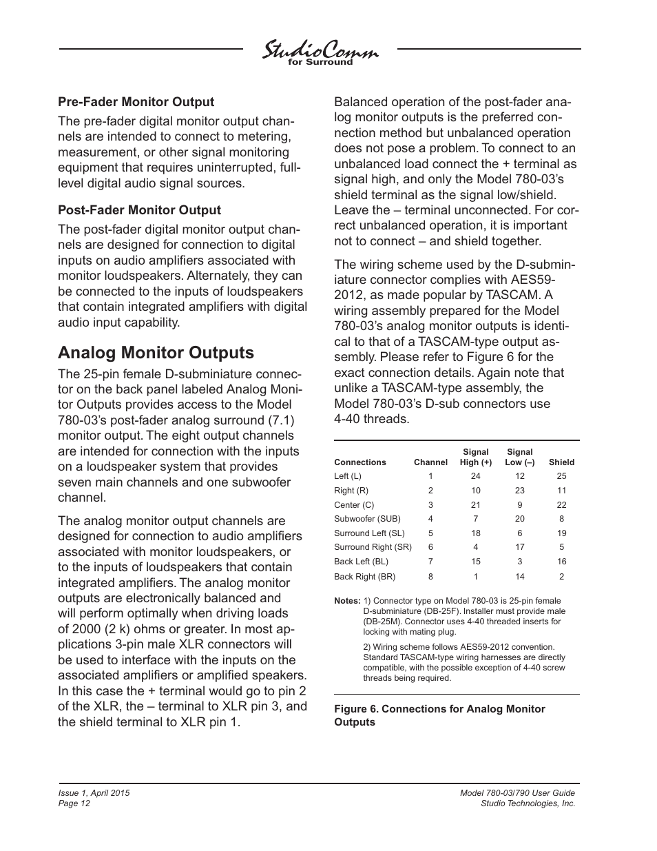 Analog monitor outputs | Studio Technologies 780-03 V.4.15 User Manual | Page 12 / 51