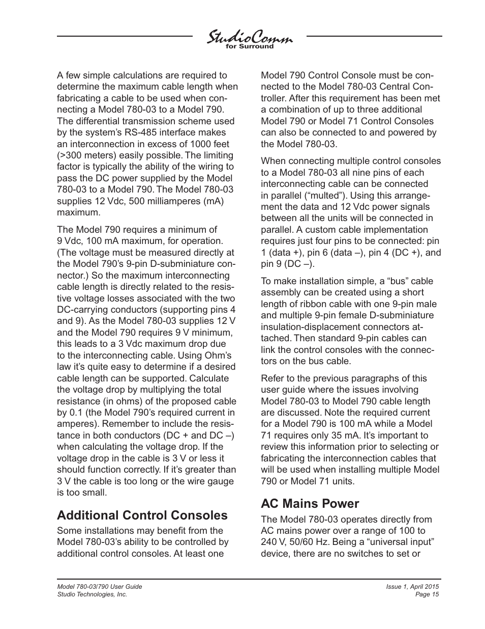 Additional control consoles, Ac mains power | Studio Technologies 780-03 V.4.15 User Manual | Page 15 / 51