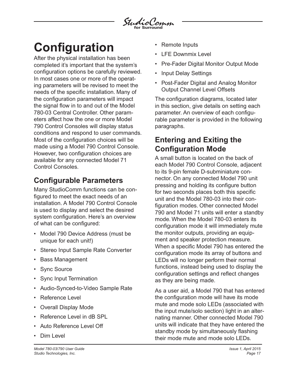 Configuration, Conﬁguration, Conﬁgurable parameters | Entering and exiting the conﬁguration mode | Studio Technologies 780-03 V.4.15 User Manual | Page 17 / 51