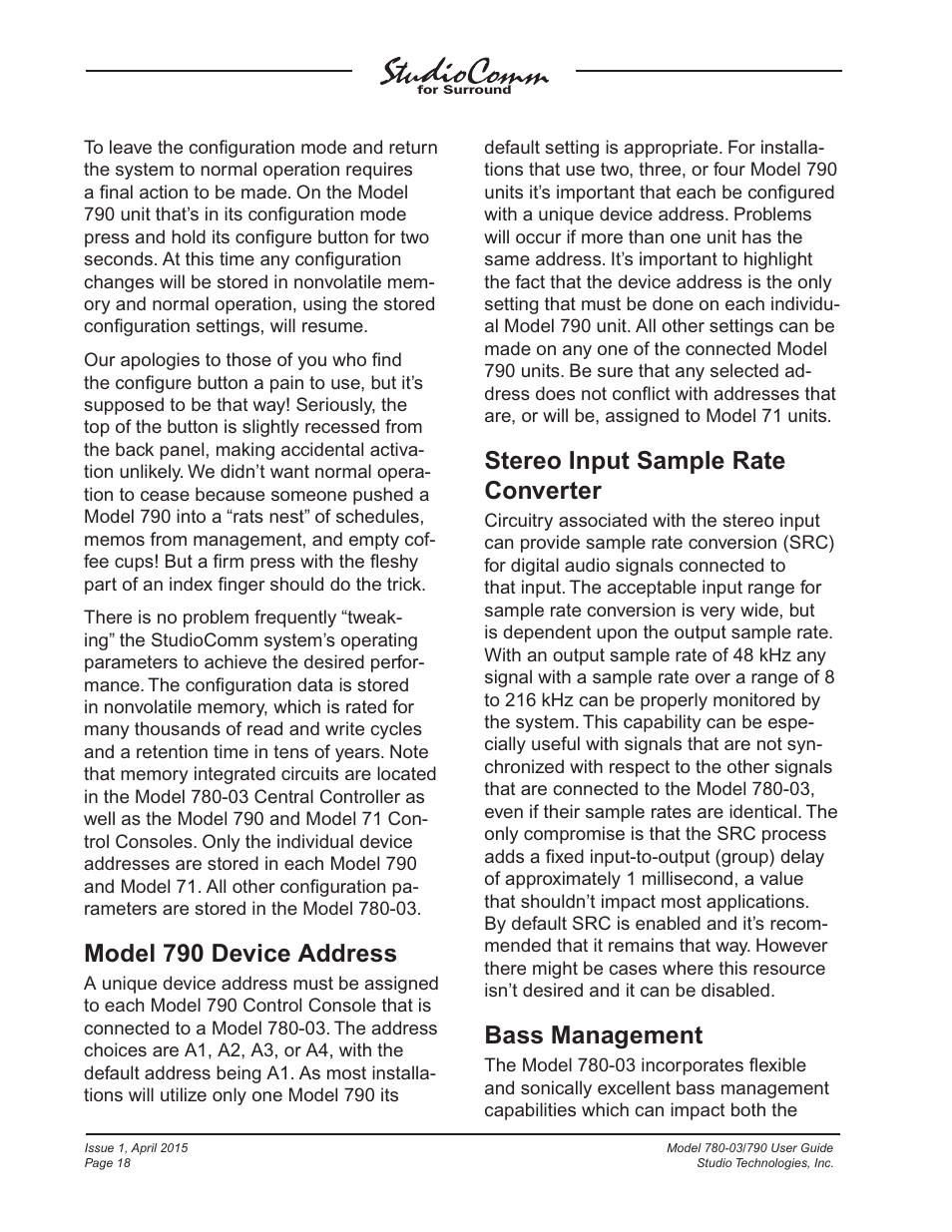 Model 790 device address, Stereo input sample rate converter, Bass management | Studio Technologies 780-03 V.4.15 User Manual | Page 18 / 51