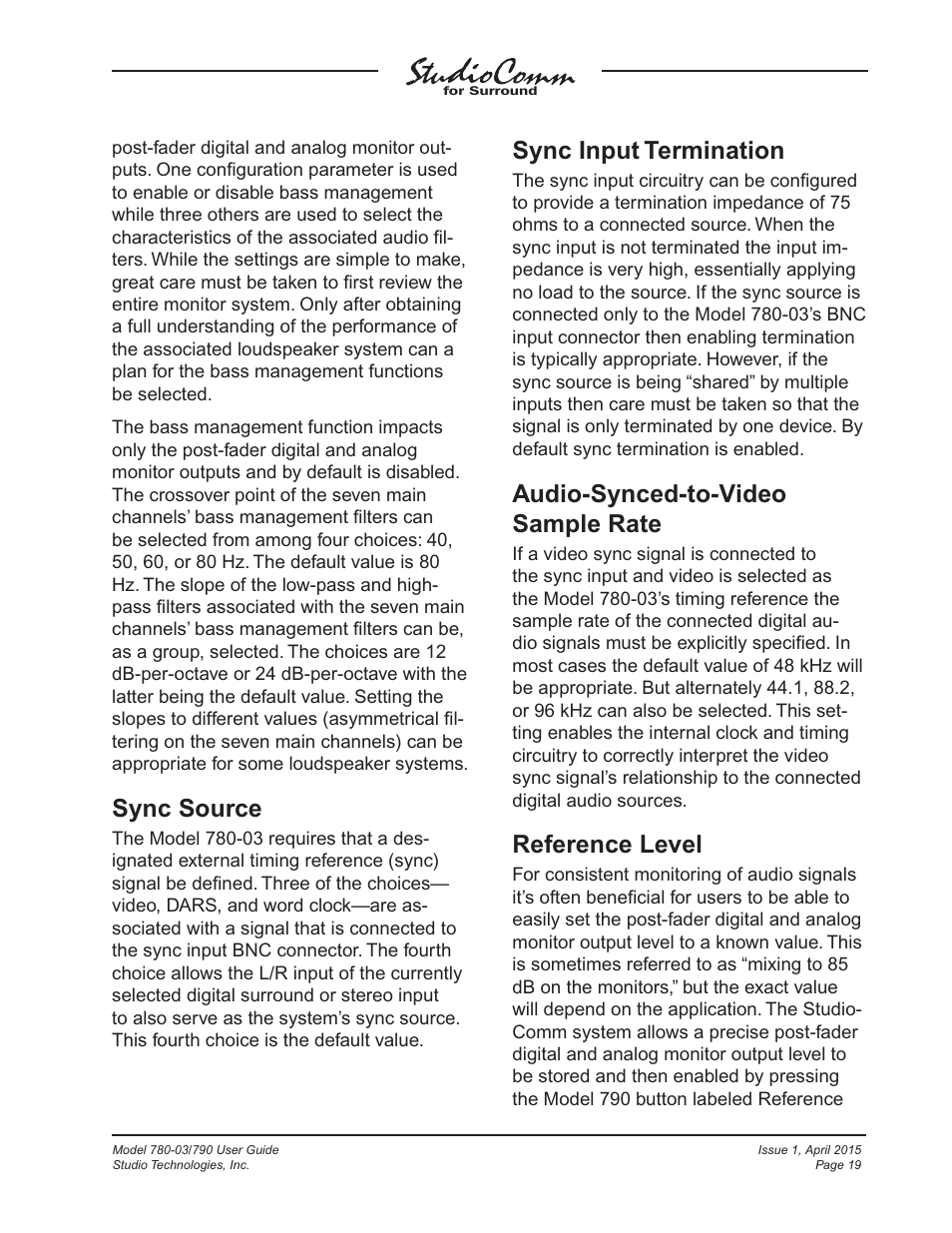 Sync source, Sync input termination, Audio-synced-to-video sample rate | Reference level | Studio Technologies 780-03 V.4.15 User Manual | Page 19 / 51