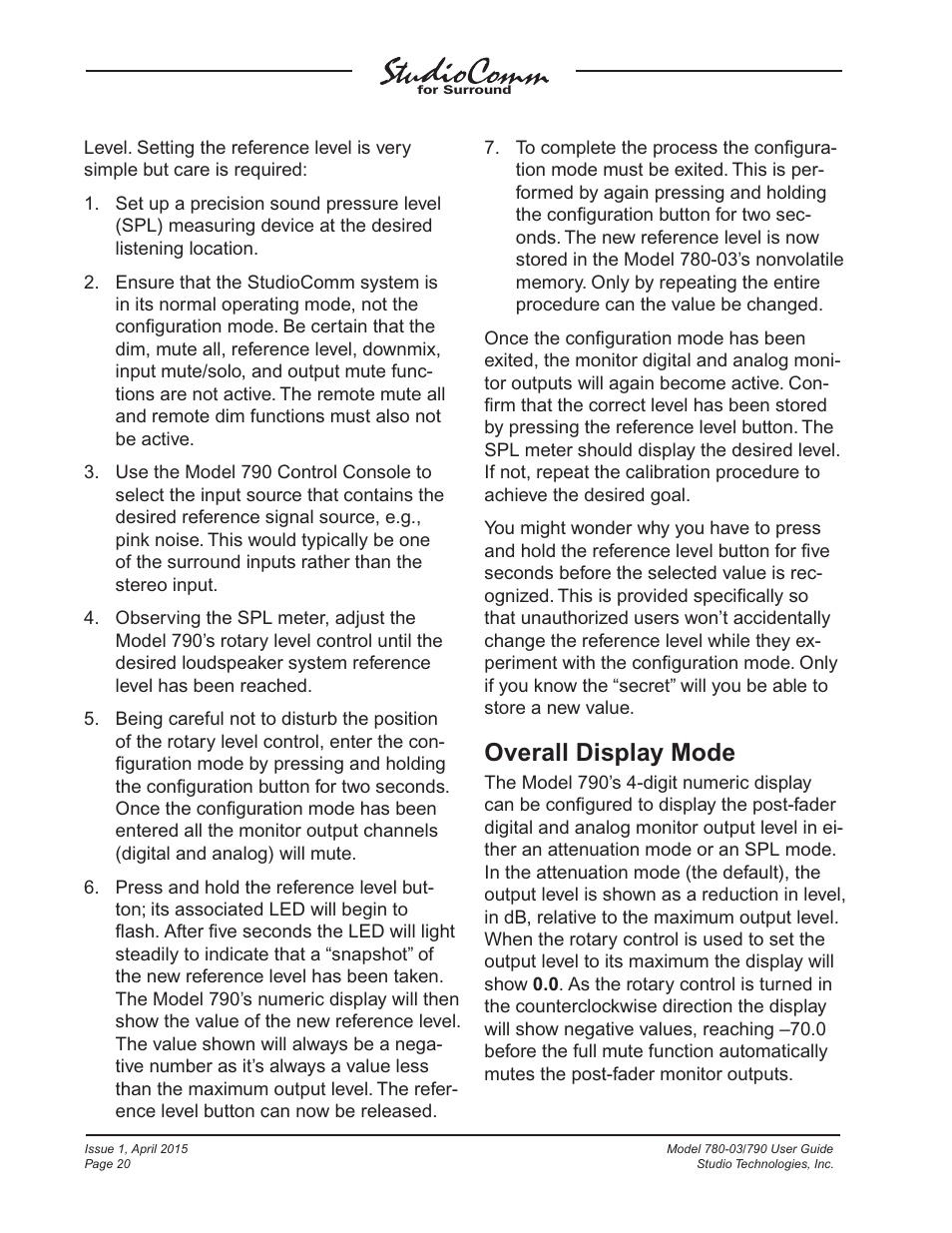 Overall display mode | Studio Technologies 780-03 V.4.15 User Manual | Page 20 / 51