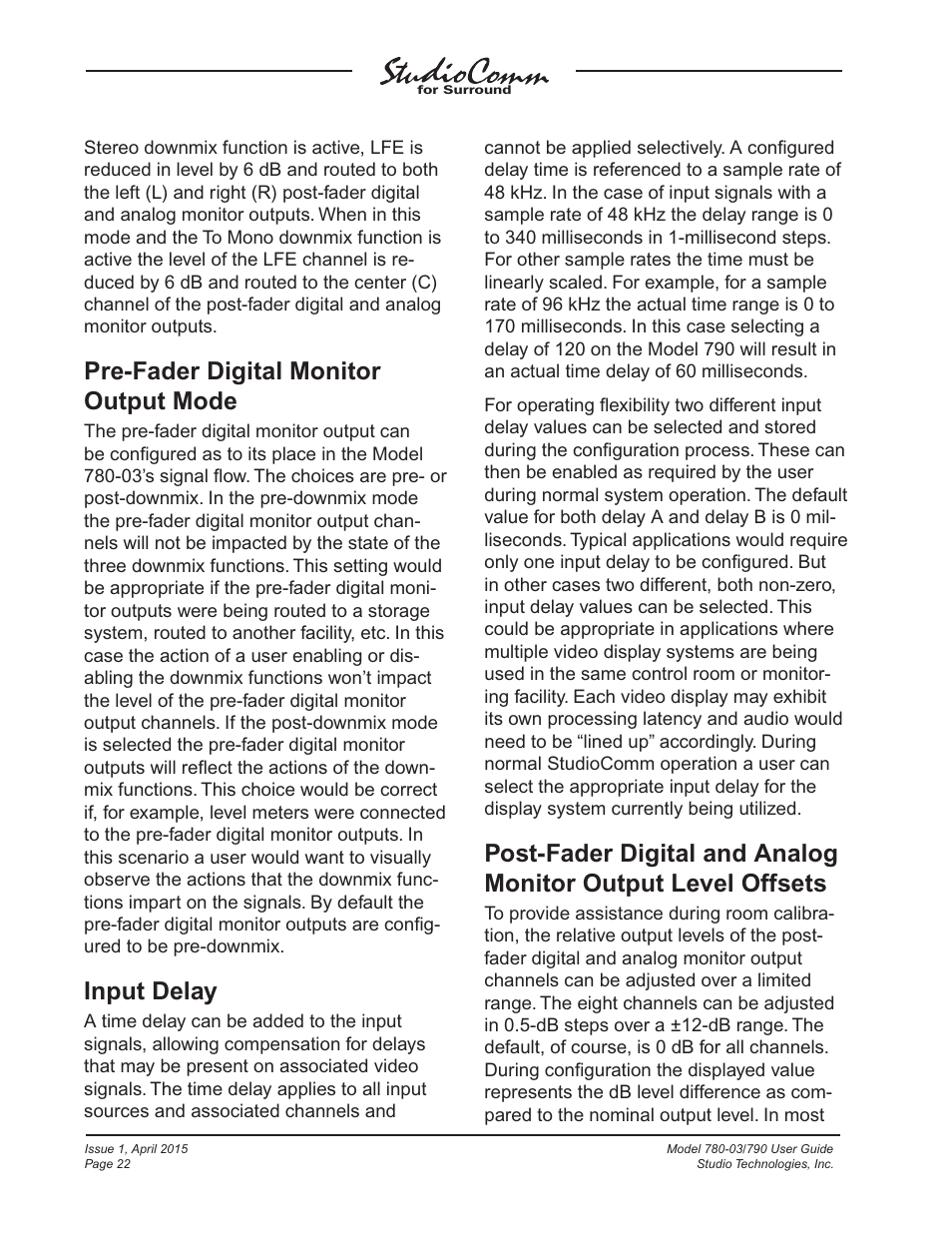 Pre-fader digital monitor output mode, Input delay | Studio Technologies 780-03 V.4.15 User Manual | Page 22 / 51