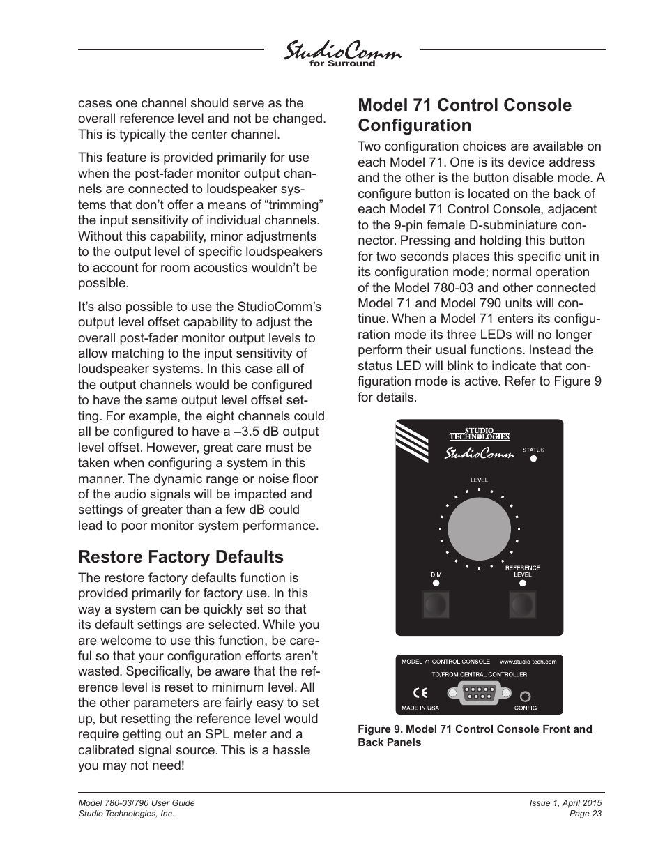 Restore factory defaults, Model 71 control console conﬁguration | Studio Technologies 780-03 V.4.15 User Manual | Page 23 / 51