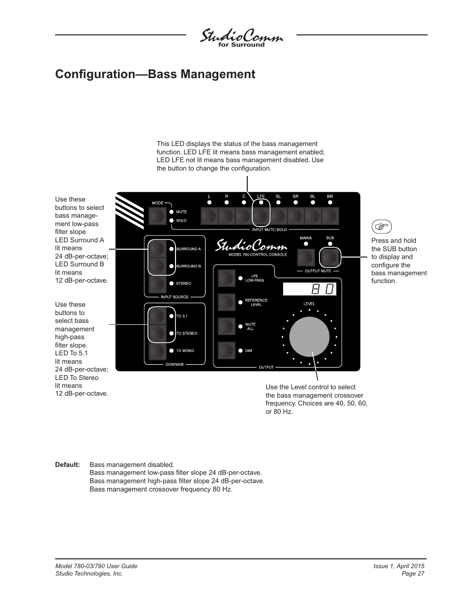 Conﬁguration—bass management | Studio Technologies 780-03 V.4.15 User Manual | Page 27 / 51