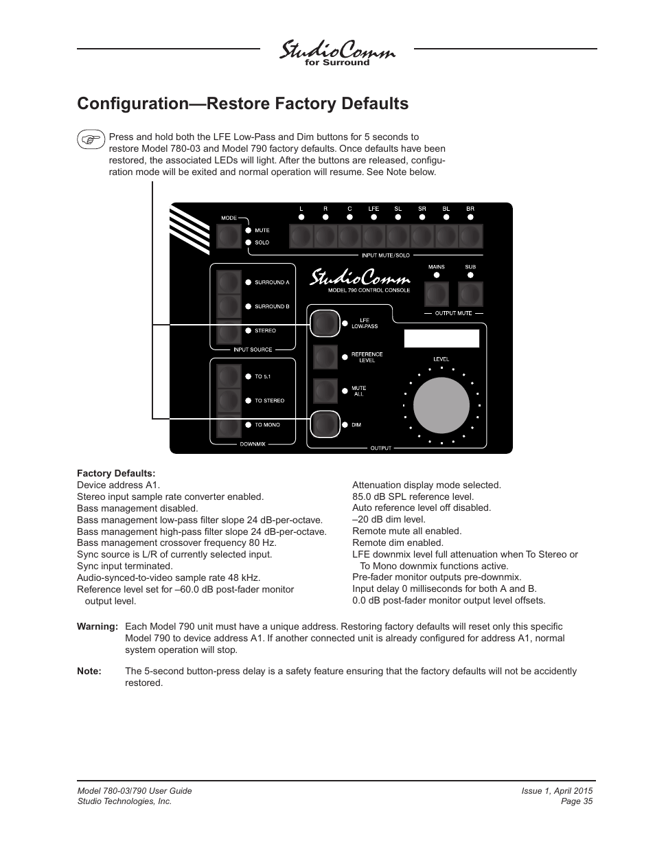 Conﬁguration—restore factory defaults | Studio Technologies 780-03 V.4.15 User Manual | Page 35 / 51