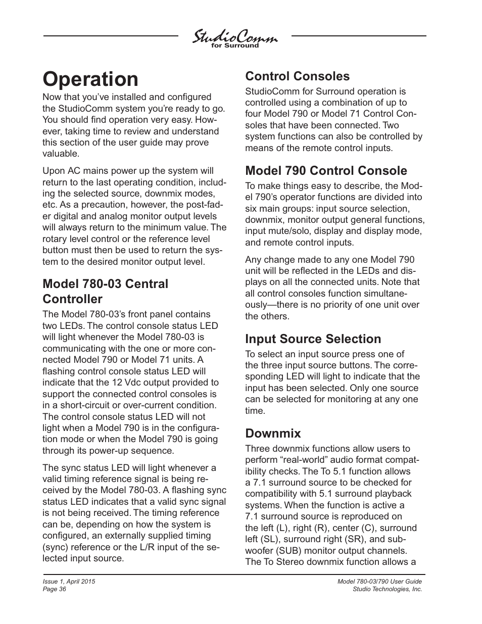 Operation, Control consoles, Model 790 control console | Input source selection, Downmix | Studio Technologies 780-03 V.4.15 User Manual | Page 36 / 51